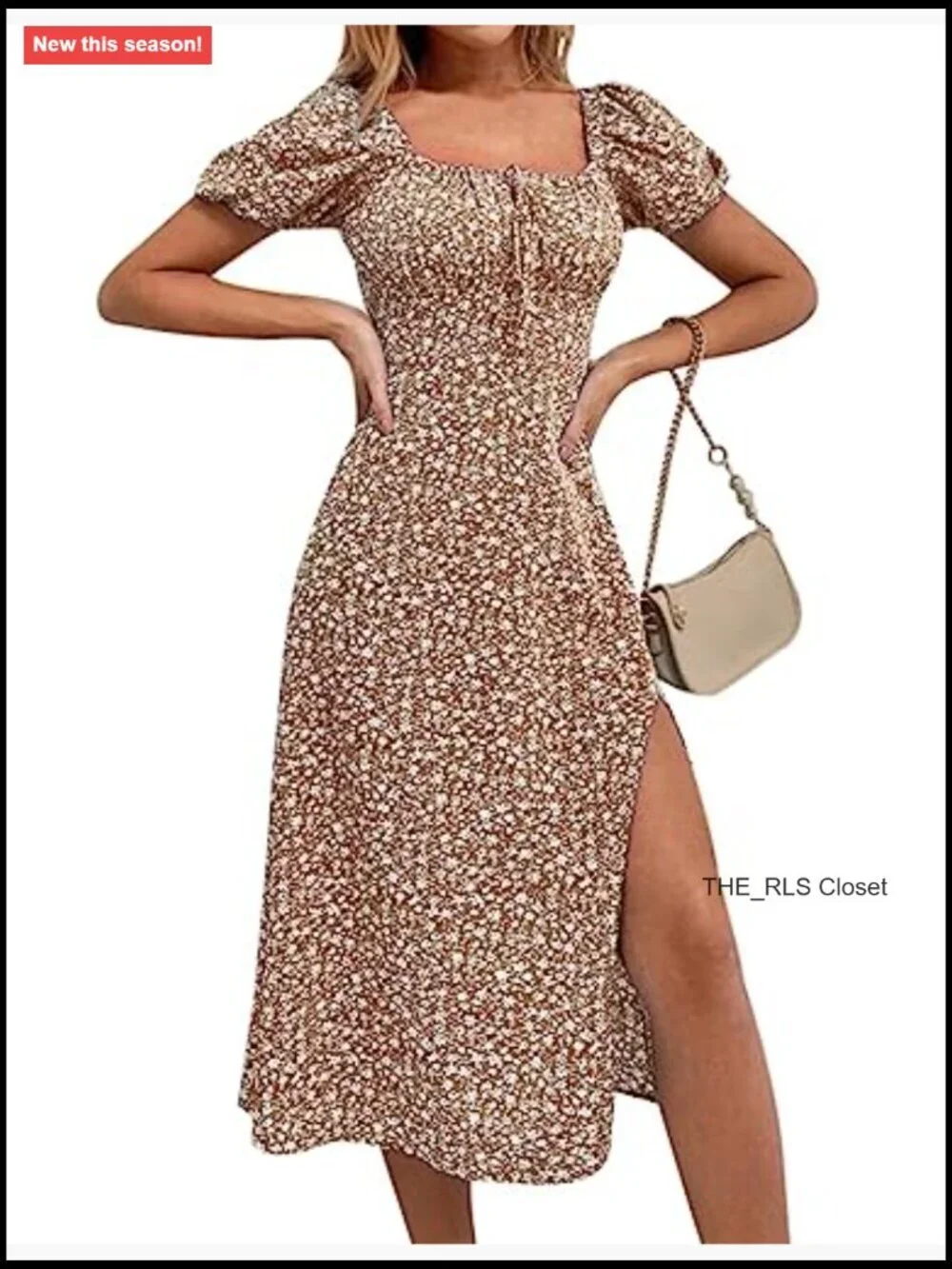 Floral Square Neck Puff Sleeve Midi Dress Ruched Bust High Waist Split